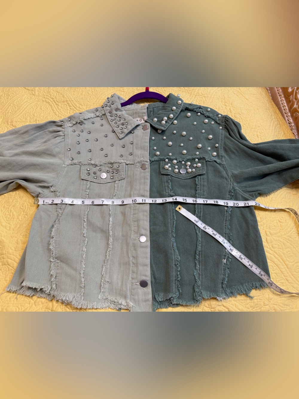H207 POL L pp22 Two-Tone Olive & Sage Pearl-Studded Denim Jacket Top - Picture 7 of 10